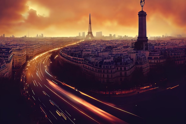 Paryż Francja zachód słońca panoramę miasta na Łuku Triumfalnym i Polach Elizejskich