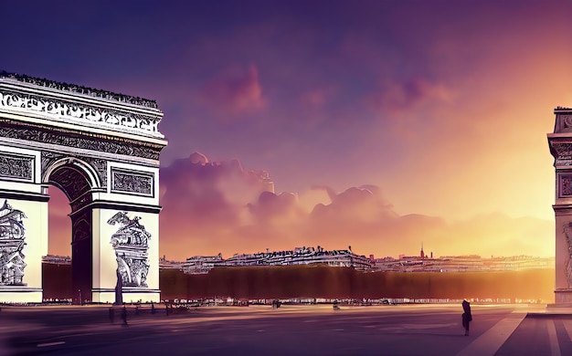 Paryż Francja zachód słońca panoramę miasta na Łuku Triumfalnym i Polach Elizejskich