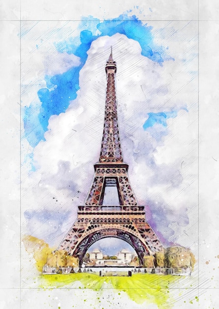 Paryż Wieża Eiffla akwarela artystyczny rysunek