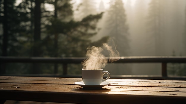 Parząca filiżanka kawy siedzi wdzięcznie na starym drewnianym stole, kusząc zmysły swoim zapachem.