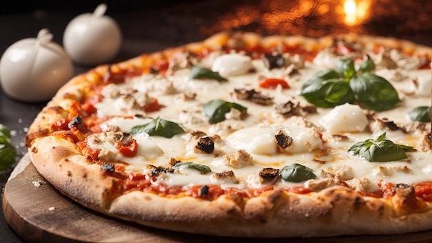 Parząca gorąca świeżo upieczona włoska pizza z grubą warstwą roztopionego sera mozzarella