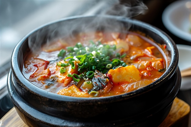 Parząca miska koreańskiej gorącej i pikantnej zupy