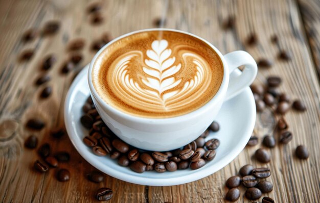Parząca się filiżanka kawy latte art spoczywająca na drewnianej powierzchni otoczona ziarnami kawy i burlapem wywołującą ciepłą, przytulną atmosferę