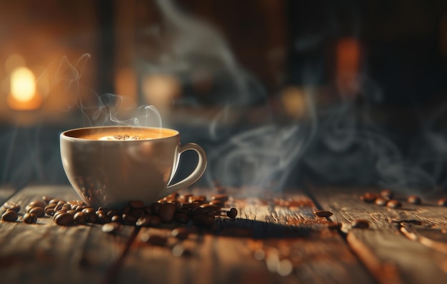 Parząca się filiżanka kawy z artystyczną sztuką z pianki latte na wiejskim drewnianym stole z ziarnami kawy rozrzuconymi obok