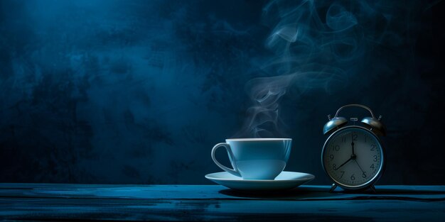 Parząca się filiżanka kawy z budzikiem na niebieskim tle