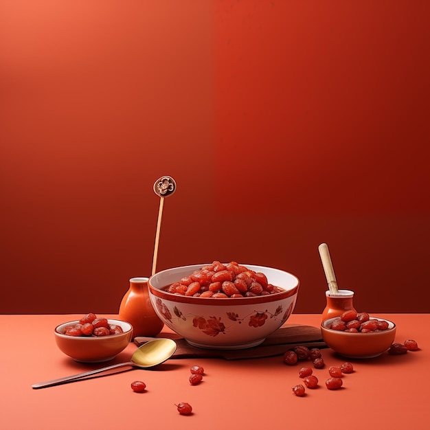 Zdjęcie parzona chińska czaszka z czerwonymi datelami z czerwonym tłem w stylu minimalistycznym generatywny ai