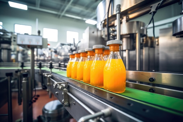 Pas lub linia w świeżym napoju pomarańczowym z nowoczesnym zautomatyzowanym sprzętem maszynowym przemysłowym butelkowanie rośliny i kolorowych napojów sokowych plastikowa butelka w fabryce Generative Ai