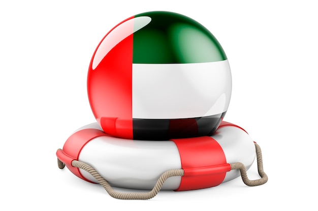 Zdjęcie pas ratunkowy z flagą zjednoczonych emiratów arabskich bezpieczna pomoc i ochrona renderowania 3d koncepcji zea