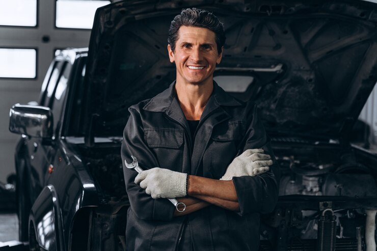 Pas w górę portret widok starszego mechanika samochodowego mężczyzny pozuje z kluczem w warsztacie z otwartym samochodem w tle. Serwis samochodowy, naprawa, konserwacja i koncepcja ludzi