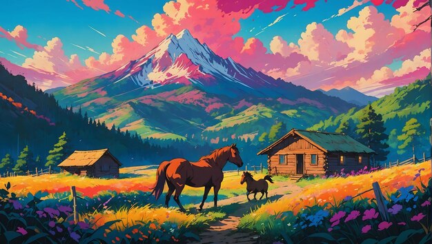 Zdjęcie pasący się koń na pastwisku w jesiennym krajobrazie