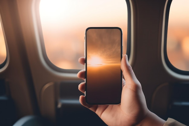 Pasażer podczas lotu korzystający z cyfrowych wrażeń korzysta ze smartfona na tle niewyraźnego wnętrza samolotu