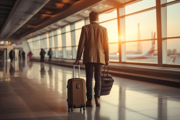 Zdjęcie pasażer w garniturze niosący walizkę na lotnisku