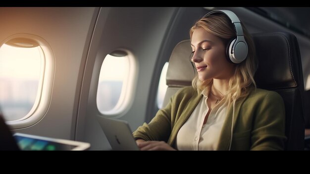 pasażerka samolotu siedząca w wygodnym fotelu i słuchająca muzyki w słuchawkach podczas pracy na nowoczesnym laptopie