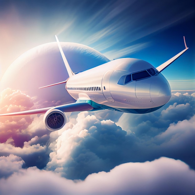 Pasażerów komercyjny samolot latający nad chmurami