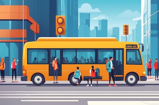 Pasażerowie czekający na autobus publiczny w mieście Ilustracja płaska Transport kreskówkowy