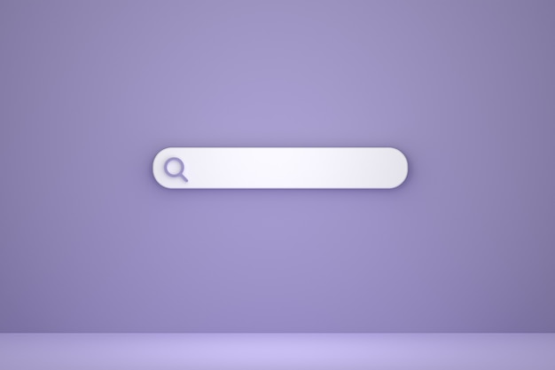 Pasek wyszukiwania i wyszukiwanie ikon 3d renderują minimalistyczny design na fioletowym tle