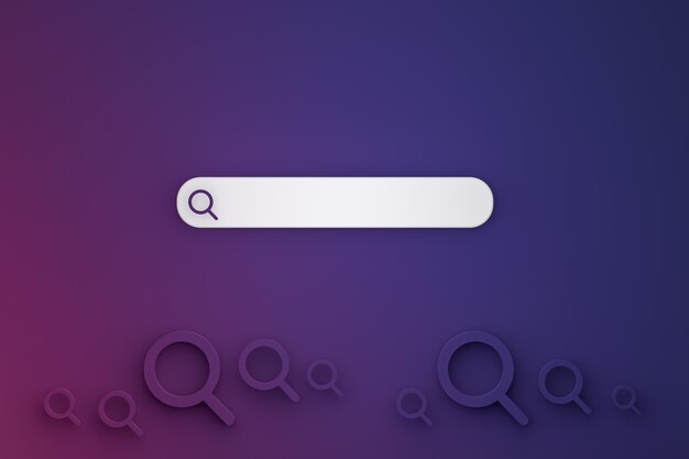 Pasek wyszukiwania i wyszukiwanie ikon 3d renderują minimalistyczny wygląd na wielokolorowym tle