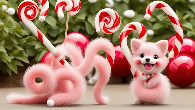 Zdjęcie pasiaste czerwone i białe cukierki z lukrecji i zabawne puszyste zwierzęta, bajeczny wizerunek dzieci