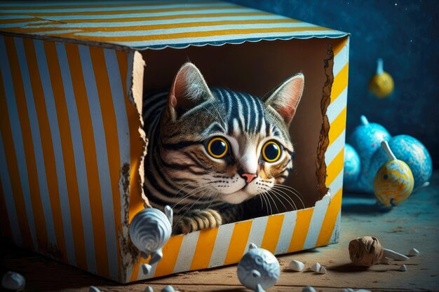 Pasiasty kot z żółtymi oczami wpatruje się uważnie w zabawkę z małej dziury w tekturowym domu