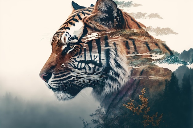 Pasiasty tygrys bengalski w podwójnej ekspozycji łączy głowę z cudownym tłem