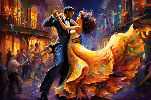 Pasjonatyczna para tańcząca tango w starym mieście w stylu malarstwa olejnego Generatywna sztuczna inteligencja