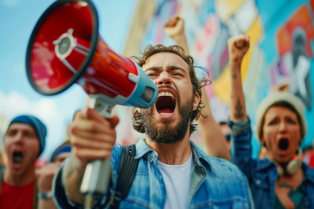 Zdjęcie pasjonowany aktywista krzycząc przez megafon na marszu protestacyjnym z tłumem ludzi w tle