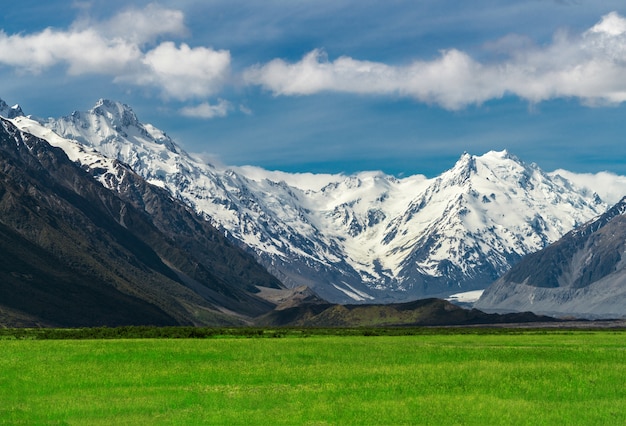 Pasma górskie i zielonej trawy pola krajobraz w Mt Cook parku narodowym, Nowa Zelandia