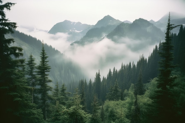 Pasmo górskie jest otoczone drzewami i mgłą.