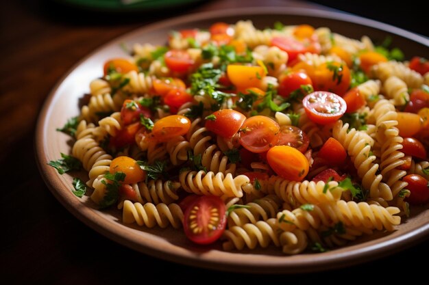 Pasta Penne w sosie pomidorowym ozdobiona pietruszką na czarnym b