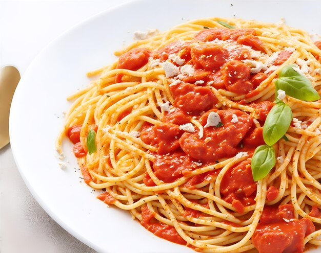 Zdjęcie pasta spaghetti z sosem pomidorowym, serem mozzarellą i świeżą bazylią na talerzu na białym drewnianym tle