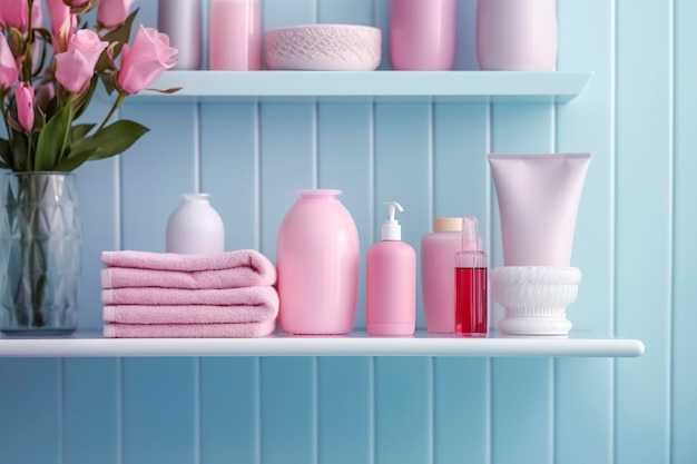 Pastelowa półka w łazience z różowymi produktami do pielęgnacji skóry kopiować baner kosmiczny różowy i pastelowo niebieski jasna paleta barbiecore AI Generative