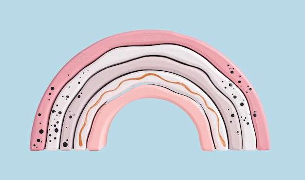 Pastelowa tęcza na tle błękitnego nieba Dzieciństwo marzy o pogodzie Drewniana zabawka do układania z łuków