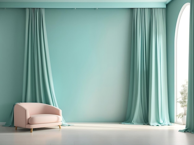 Pastelowa turkusowo-niebiesko-zielona pusta ściana w pokoju z zasłonami z jedwabiu Renderowanie 3D Generowanie Ai