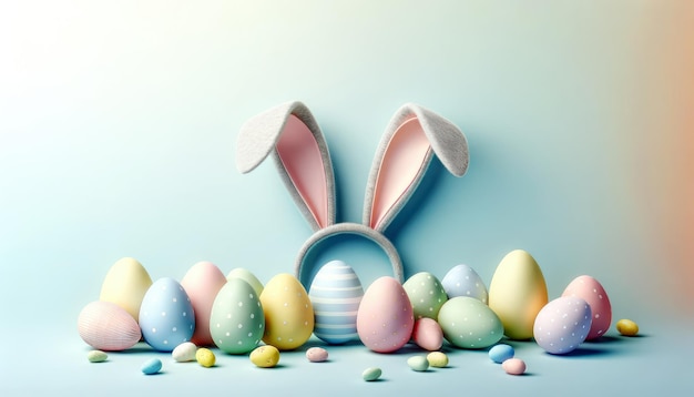 Pastelowe jajka wielkanocne i uszy królików na niebieskim tle minimalistyczny temat świąteczny