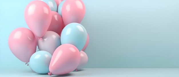 Pastelowe różowe i niebieskie balony na pastelowym niebieskim tle wolna kopia przestrzeń AI generowane