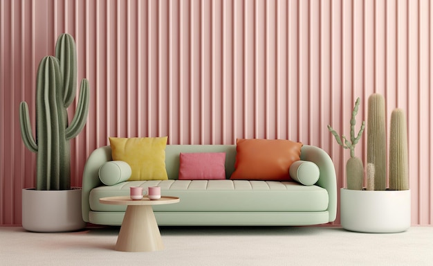 Pastelowe różowe retro, ale też nowoczesne wnętrze z różowymi i zielonymi nutami dekoracji wnętrz salonu