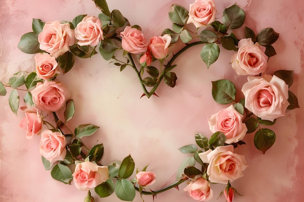 Pastelowe różowe róże ułożone w kształt serca na różowym tle