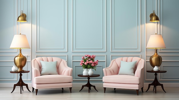 Pastelowe wnętrze w klasycznym stylu z miękkimi fotelami i lampami renderowania 3d