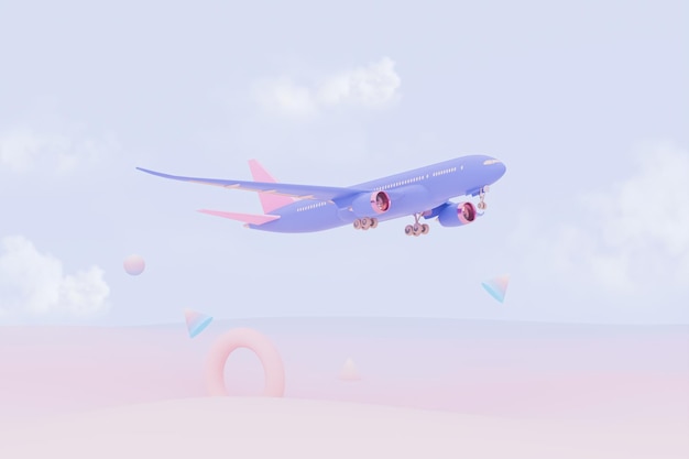 Pastelowo-fioletowy samolot latający na niebie z chmurami Zlot samolotu i pastelowego tła Linie lotnicze