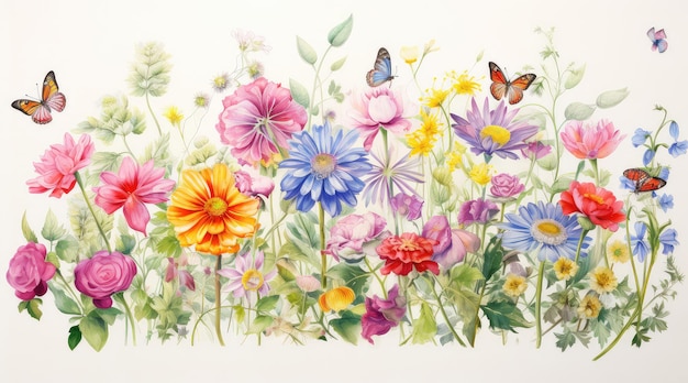 Pastelowy akwarelowy rysunek małych kolorowych kwiatów i motyli