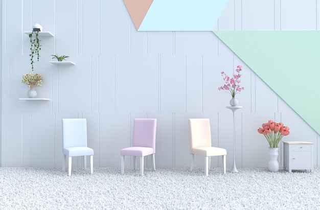 Pastelowy Fotel Do Salonu, ściana, Orchidea, Tulipan, Dywan. Boże Narodzenie, Nowy Rok. 3d Render