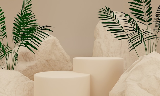 Pastelowy kamień geometryczny, liście i tło w kształcie skały, makieta na podium lub prezentacja, renderowanie 3d.