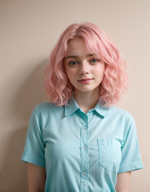 Pastelowy portret pięknej dziewczyny z różowymi włosami