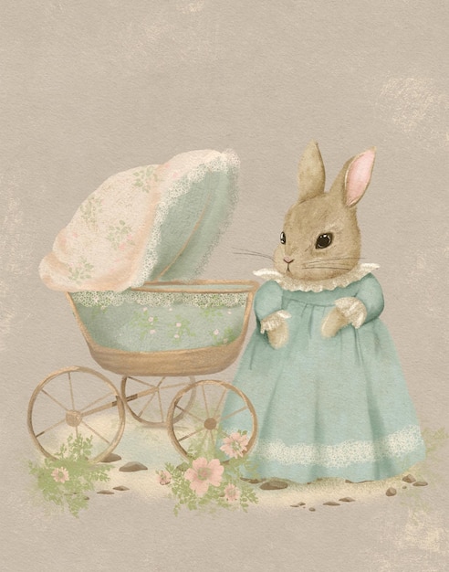 Pastelowy vintage króliczek rysunek Easter bunny shabby chic rysunek ilustracja do książek dla dzieci