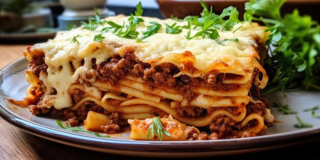 Pastitsio Cheesy Pasta Delight w vintage jadalni Warstwy komfortu Bubbling Cheese P