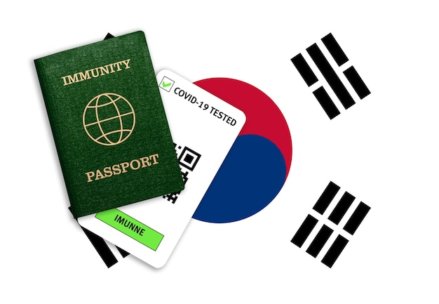 Zdjęcie paszport immunitetu na podróżowanie po pandemii i wynik testu na covid na fladze korei południowej