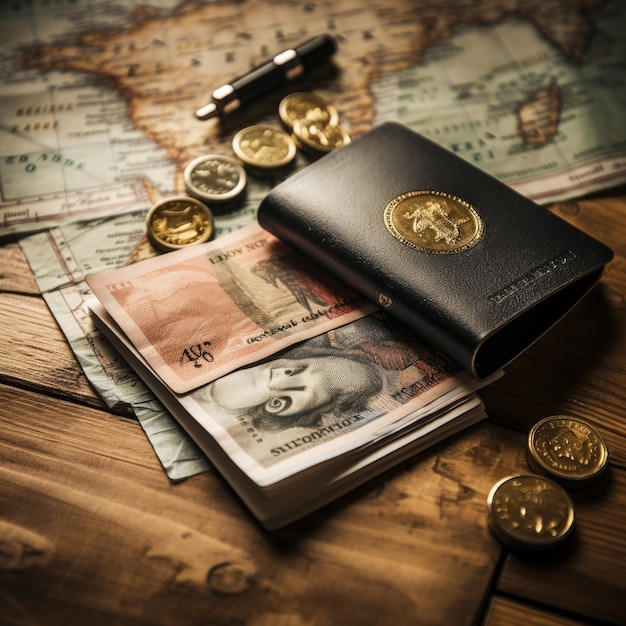 paszport na mapie z pieniędzmi