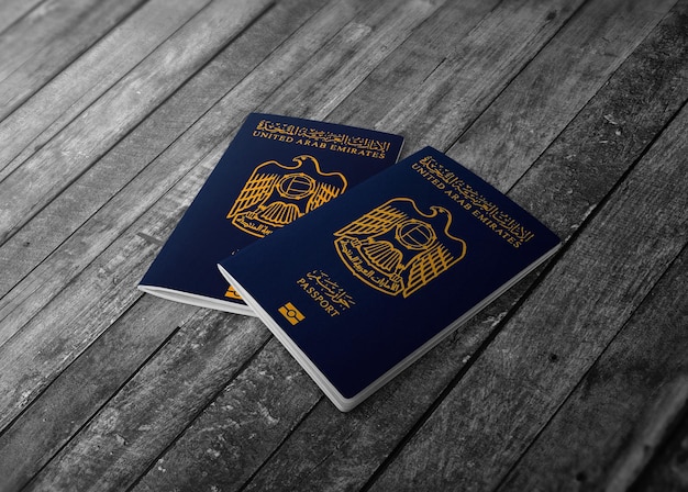 Paszporty Emiratów Arabskich paszporty ZEA na górze drewnianego tła