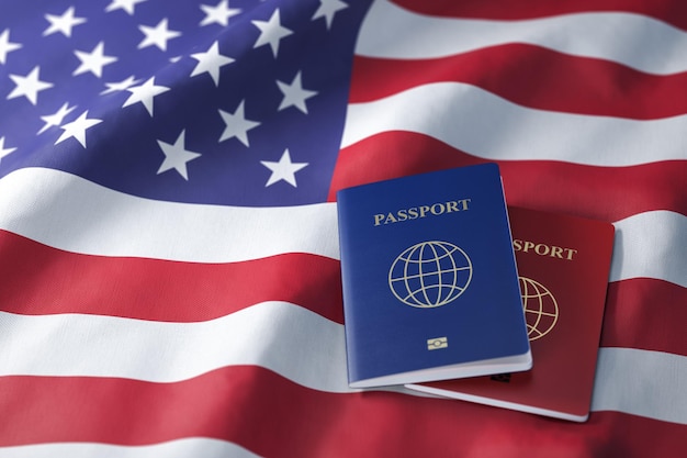 Paszporty na fladze USA Stany Zjednoczone Uzyskanie wizy do USA podróżuje koncepcja naturalizacji i imigracji