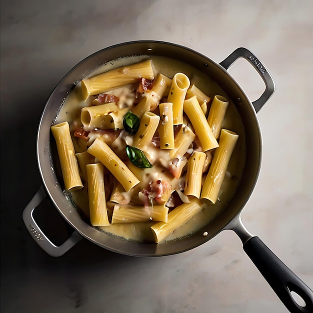 patelnia z rigatoni carbonara, która jest sosowana generowana przez AI